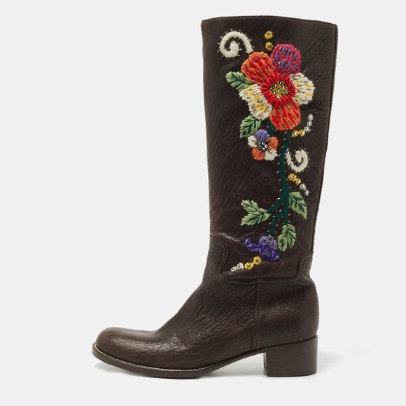 Miu Miu Shoes - Miu Miu IT 38 US 9 Brown Leather Floral Embroidered Riding Boots - with flaws